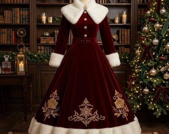 Vestido de Papá Noel de terciopelo para mujer, vestido festivo de fiesta con ribete de piel, hecho a medida.