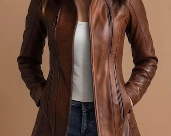 Chaqueta de cuero genuino vintage con cuello alto para mujer, corte ajustado, estilo motero.