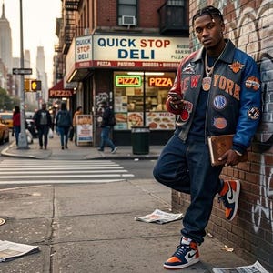 May include: A person in a New York City street scene, wearing a leather jacket with patches, blue jeans, and orange and blue sneakers. The jacket has red and blue sleeves and "New York" lettering. The background includes a deli, taxis, and a crosswalk.