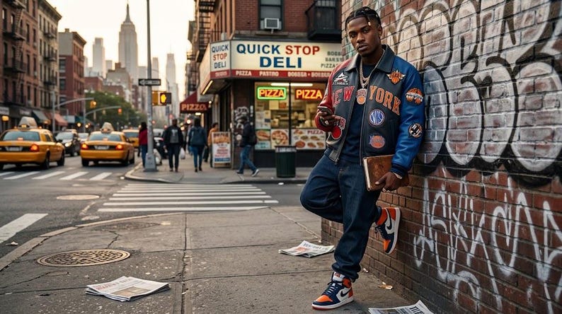 May include: A person in a New York City street scene, wearing a leather jacket with patches, blue jeans, and orange and blue sneakers. The jacket has red and blue sleeves and "New York" lettering. The background includes a deli, taxis, and a crosswalk.