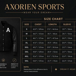 Puede incluir: Chaqueta universitaria negra con mangas de cuero y la letra "A" en el pecho. La imagen incluye una tabla de tallas con medidas en cm. La chaqueta es de Axorien Sports.