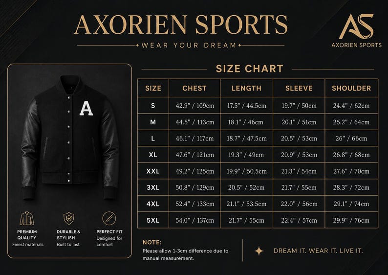 Puede incluir: Chaqueta universitaria negra con mangas de cuero y la letra "A" en el pecho. La imagen incluye una tabla de tallas con medidas en cm. La chaqueta es de Axorien Sports.