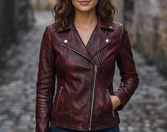 Chaqueta de cuero auténtico vintage para mujer, con cremallera, bolsillo, estilo ajustado, ideal para motociclistas.