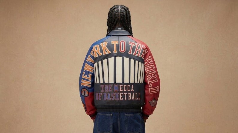 May include: A leather jacket with a color block design in blue, red, and black. The back of the jacket features the text "NEW YORK TO THE WORLD" and "THE MECCA OF BASKETBALL". The jacket has a ribbed design.