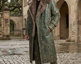 Men Dark Army Green Leather Fur Overcoat Vintage Military Cowhide Winter Greatcoat Jacket
