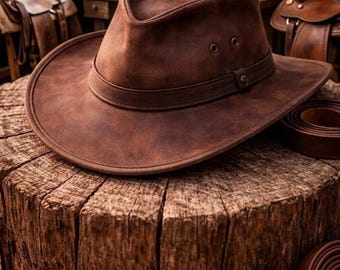 Handmade Cowhide Leather Hat Vintage Western Cowboy Travel Outdoor Wide Brim