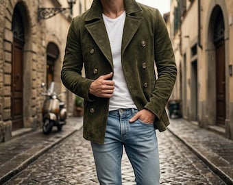 Men's Olive Suede Peacoat Double Breasted Leather Jacket Handmade Classic Winter Coat Jacket