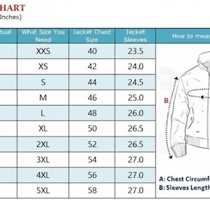 May include: Men's size chart with measurements in inches. Includes chest size, jacket size, and sleeve length. A diagram illustrates how to measure chest circumference and sleeve length for jackets.