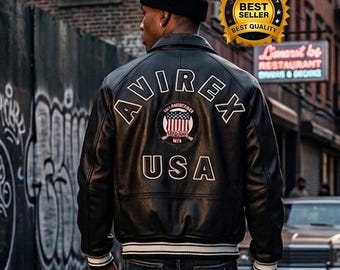 Avirex Icon Black Real Leather Jacket Men Streetwear Biker Varsity Fashion Outerwear Coat