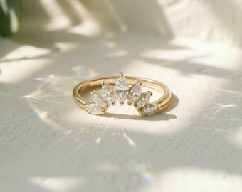 Gebogen trouwring Dames Real Marquise Lab Grown Diamond Ring Unieke Crown DailyWear-ring voor haar Stapelbare tiararing met verlovingsring