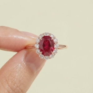 Solid Gold Oval Cut Lab-Grown Ruby Engagement Ring, July Birthstone Halo Art Deco Ring