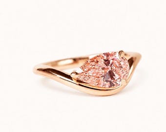 14K Lab morganiet peervormige gebogen ring, Ct peervormige Lab-gekweekte morganiet ring, morganiet pinkring gouden diamanten solitaire ring