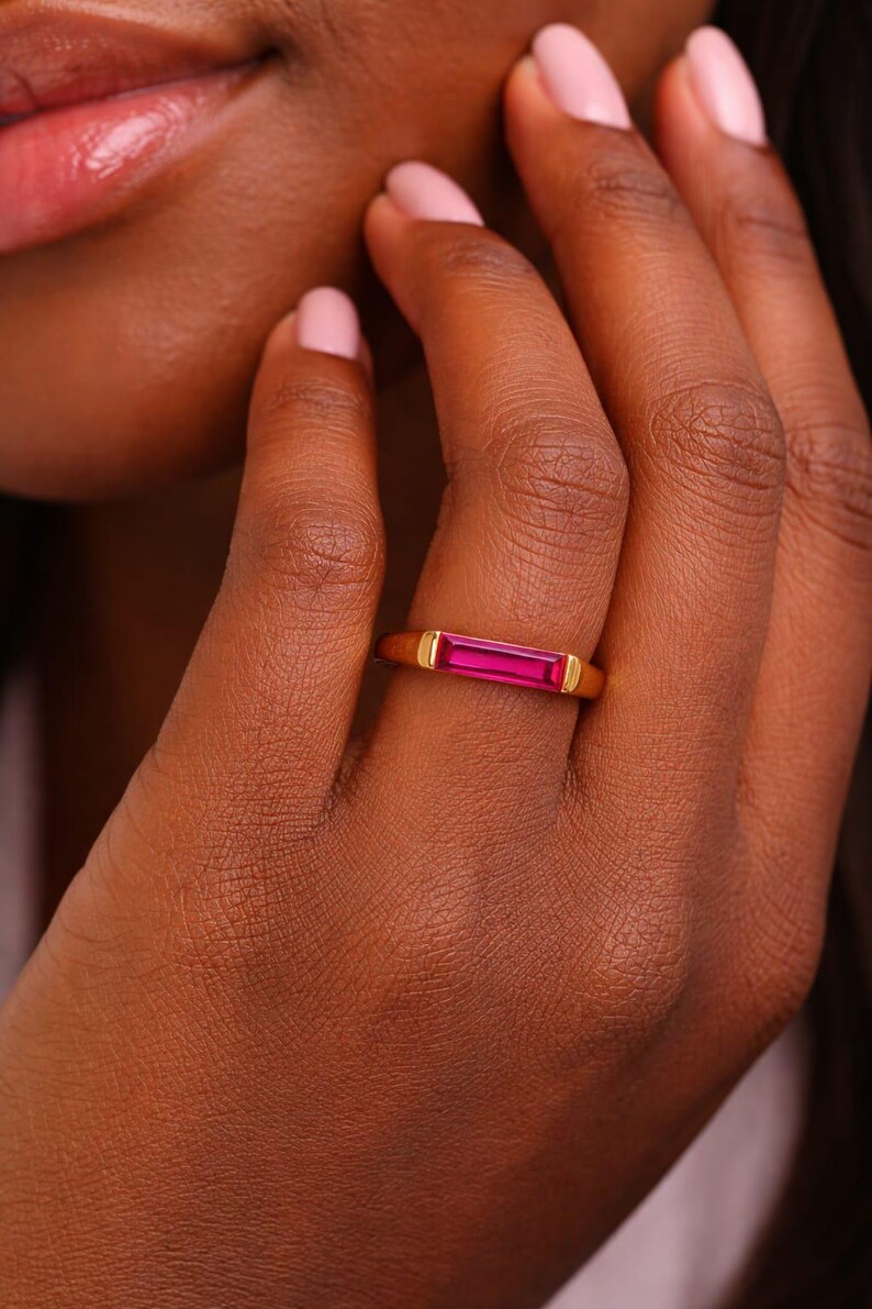 Ruby Dainty Baguette Stacking Ring, Gold Minimalist Ring, Simple Ruby ...