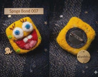 Broche de fieltro de aguja de Bob Esponja estilo James Bond – Pin de lana con personaje espía – Joyería de dibujos animados para geeks