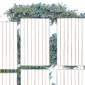 Peut inclure: Une cl&ocirc;ture en bois blanche avec des lattes verticales, partiellement cach&eacute;e par un buisson vert feuillu.