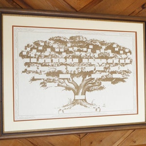 May include: A framed brown and white family tree chart with blank spaces for names. The tree is stylized with a thick trunk and branches.
