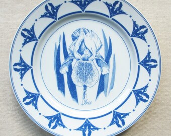 Iris Plate, Blue and White Porcelain, Raymon Troup Artist