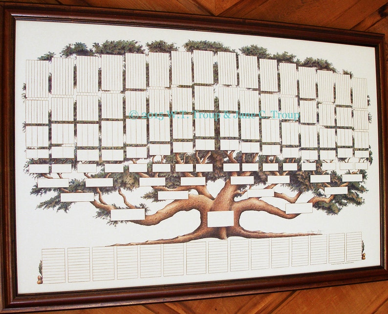 Peut inclure: Un arbre g&eacute;n&eacute;alogique vierge en forme d'arbre avec des branches brunes et des feuilles vertes. Le tableau comporte des espaces pour les noms et les dates. Le texte "2009 W.T. Troup & Jane C. Troup" est en haut du tableau.