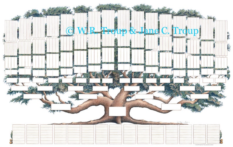 Peut inclure: Un arbre g&eacute;n&eacute;alogique vierge en forme d'arbre avec des branches brunes et des feuilles vertes. Le tableau comporte des espaces pour les noms et les dates. Le texte "&copy; W.R. Troup & Jane C. Troup" est en haut du tableau.