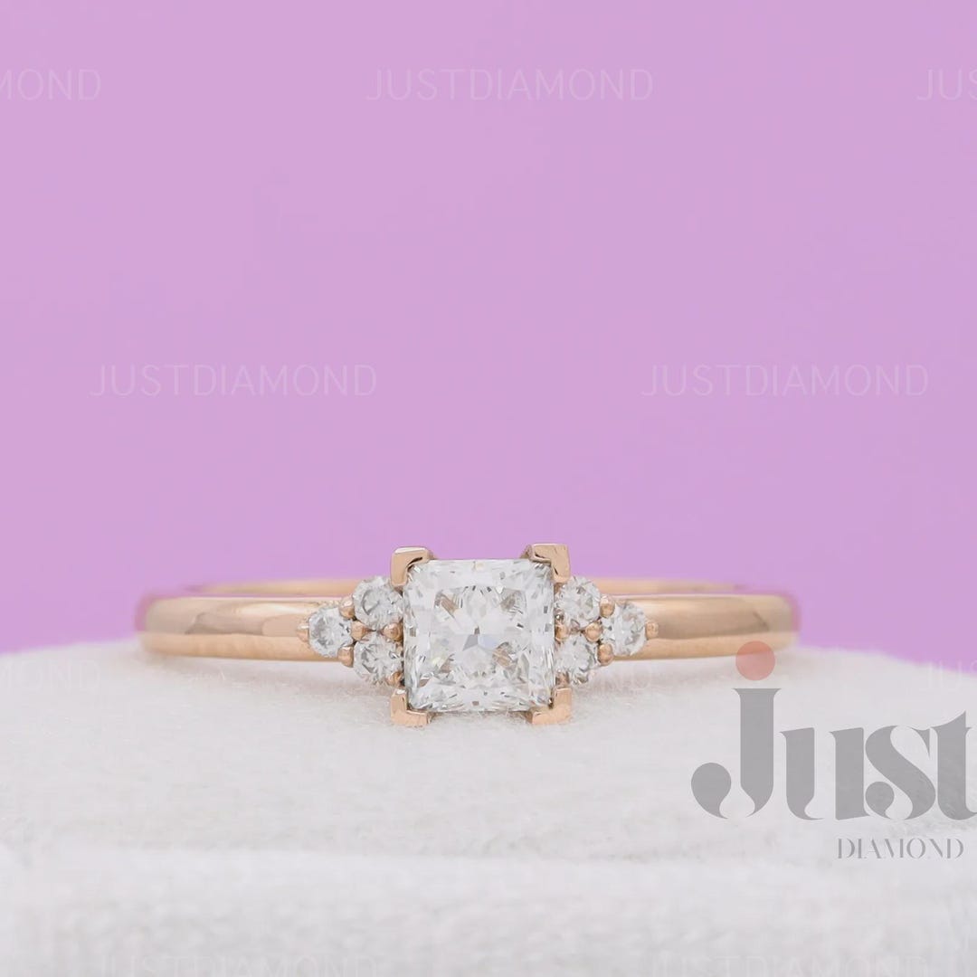 Princess Cut Lab Grown Diamond Engagement Ring, Yellow Gold Cluster ...