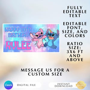 Pu&ograve; includere: Un banner digitale con i personaggi Stitch e Angel di Lilo & Stitch. Il banner recita "HAPPY 10TH BIRTHDAY RYLEE" in testo rosa e blu. Il testo aggiuntivo include "FULLY EDITABLE TEXT" e "DIGITAL FILE".