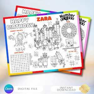 May include: A set of printable activity sheets with a colorful border. The sheets feature the text "Happy Birthday" and "Zara", along with connect-the-dots, word search, maze, and tic-tac-toe games. The sheets are decorated with cartoon number characters.