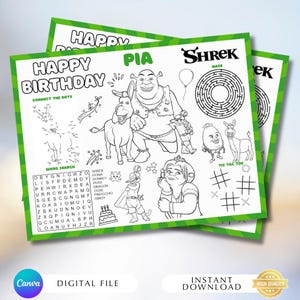 Può includere: Un mucchio di tre fogli di attività con bordi verdi con personaggi di Shrek. Il foglio superiore recita "Happy Birthday" e include attività di unisci i puntini, ricerca di parole e labirinto. I fogli sono progettati per i bambini.