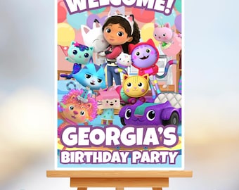 Könnte beinhalten: Ein farbenfrohes Geburtstagsfeier-Schild mit dem Text "WELCOME!" oben. Das Schild zeigt Zeichentrickfiguren und den Text "GEORGIA'S BIRTHDAY PARTY". Es wird auf einer hölzernen Staffelei präsentiert.