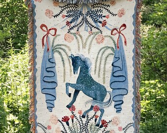 Woven cotton throw-  Blue Horse - order on demand