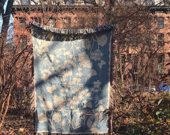 Woven cotton throw-  "Blue Garden" - order on demand