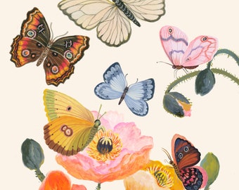 Butterflies garden- Giclee print- Botanical illustration