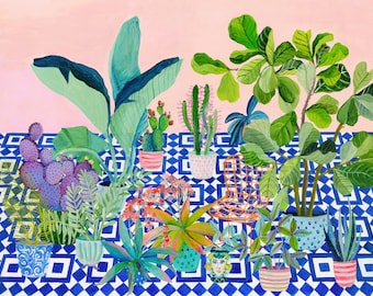 Jardin carrelé bleu - illustration - impression giclée