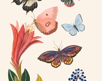 Butterflies and caterpillar garden- Giclee print- Botanical illustration