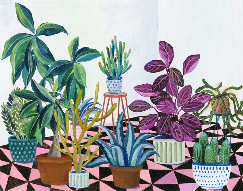 Pink and Black tiled garden illustration giclee print image 1