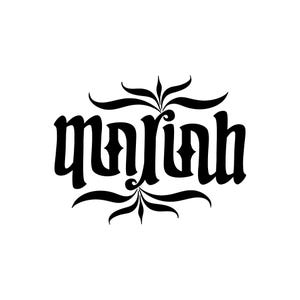 May include: Black stylized text that reads "Marinh" in a decorative font, with floral flourishes above and below the text. The design is centered on a white background, creating a striking contrast.