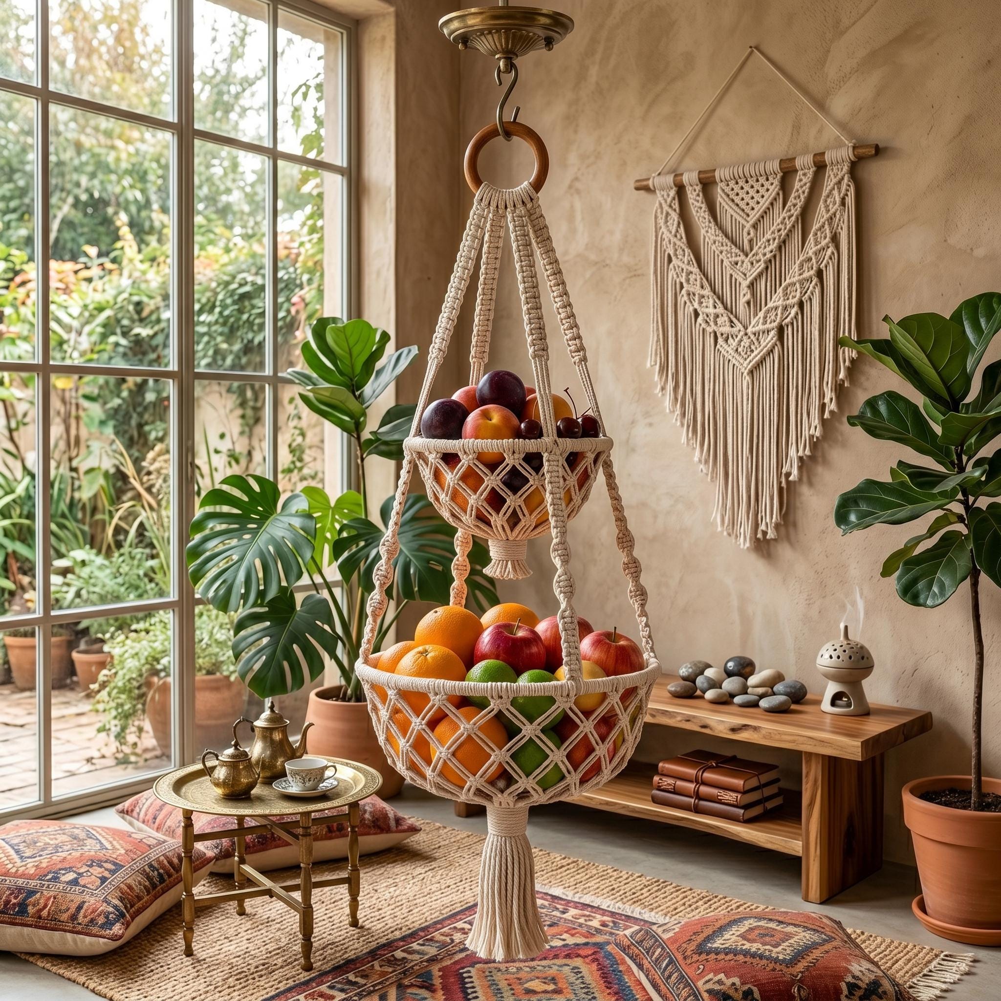 Macramé Hanging Fruit Basket Pattern | Two-tier Boho Kitchen Organizer ...