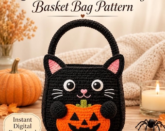 Häkelanleitung für eine schwarze Katzen-Tasche, Halloween-Amigurumi-Korb, Süßigkeiten-Tasche (PDF-Download)