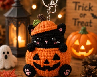 Halloween-Kürbis mit schwarzer Katze (Häkelanleitung als PDF), Amigurumi-Schlüsselanhänger, Anfängerfreundlich, Sofort-Download
