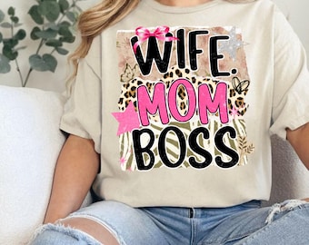 Wife Mom Boss PNG, Pink Leopard Floral Mama Design (Digital Download)
