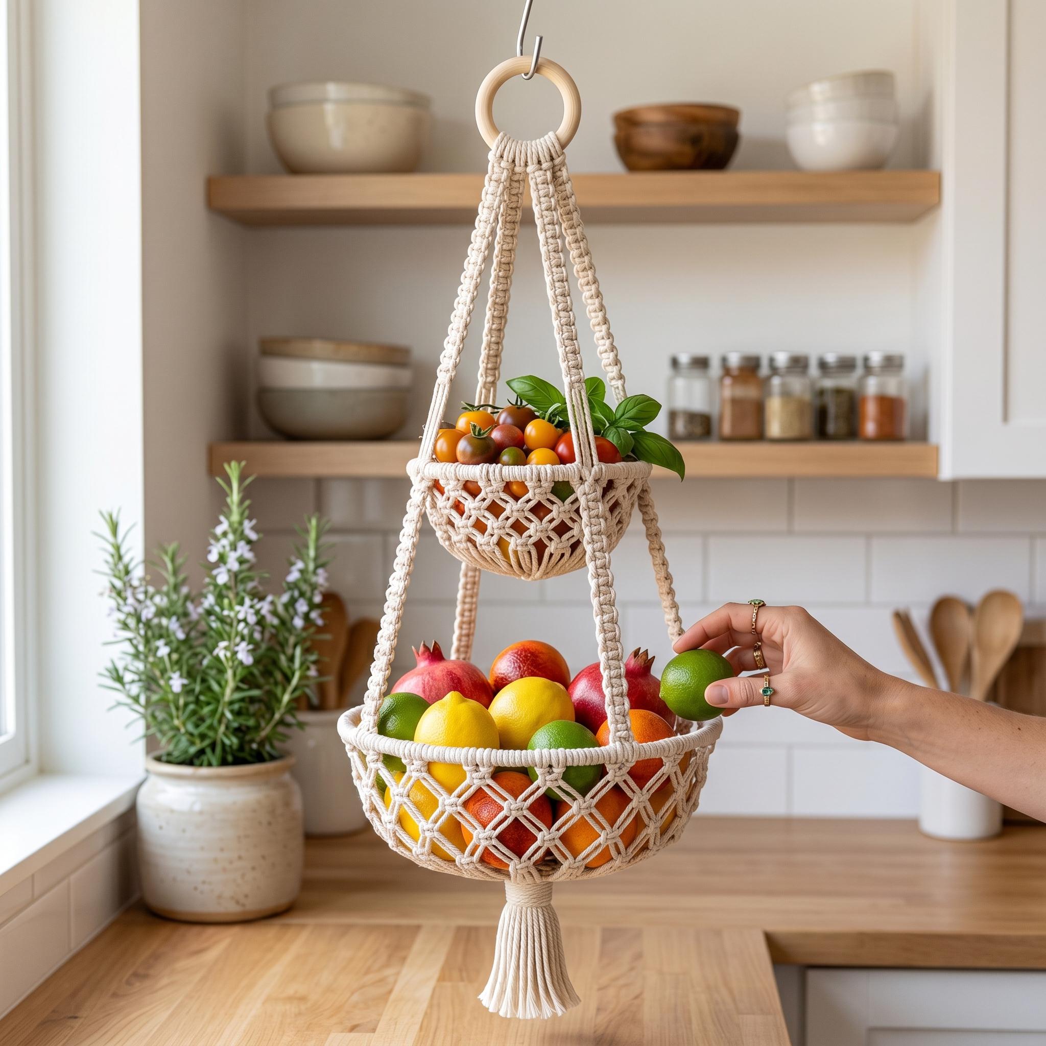 Macramé Hanging Fruit Basket Pattern | Two-tier Boho Kitchen Organizer ...
