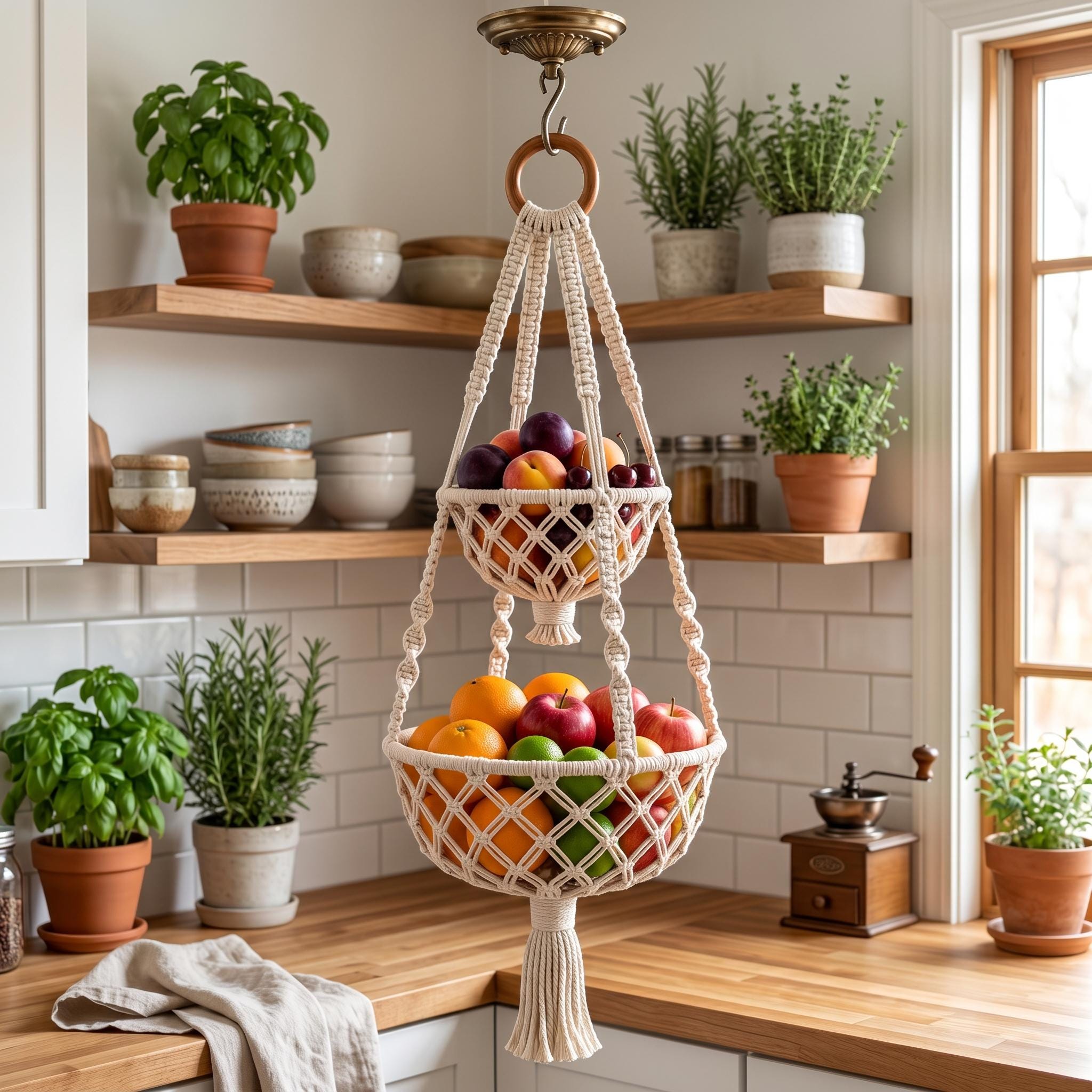 Macramé Hanging Fruit Basket Pattern | Two-tier Boho Kitchen Organizer ...