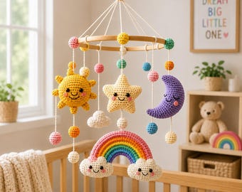 Häkelanleitung für ein Baby-Mobile (PDF), Amigurumi Sonne, Mond, Stern, Regenbogen, Wolke, Anfänger, Sofort-Download