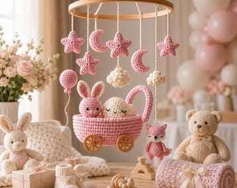 Häkelanleitung für ein Babymobile (PDF) – Hasenwagen-Amigurumi, Kinderzimmerdeko, für fortgeschrittene Anfänger, Sofort-Download
