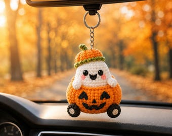 Halloween-Geister-Kürbis-Autoanhänger (Häkelanleitung als PDF) | Niedlicher Kürbis-Rückspiegelanhänger | Amigurumi-Schlüsselanhänger