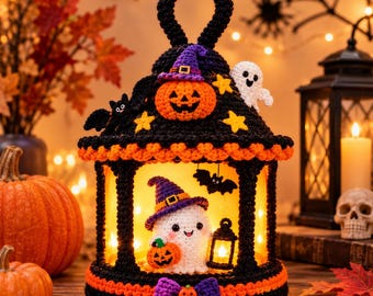 Halloween-Häkellaterne (PDF-Anleitung), Geister-Hexenhut-Dekoration (Digitaler Download)