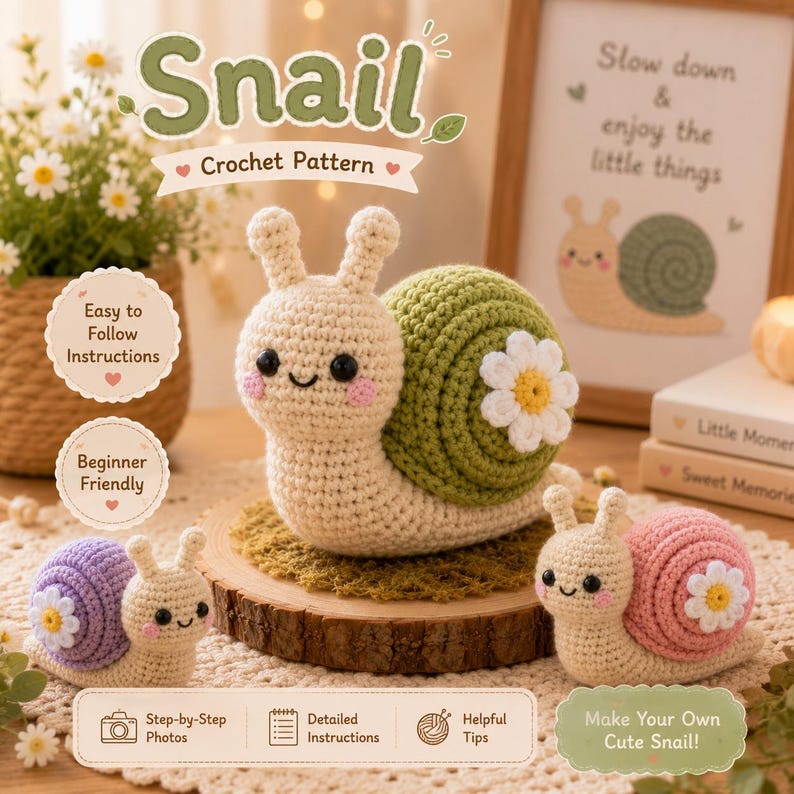 Handcrafted snail friend plush toy in soft colors
