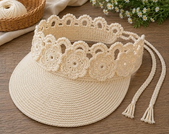 Häkelanleitung für einen Sonnenhut mit Visier | Strand-Sommer mit Blumenmuster und Spitze (PDF-Download)