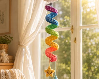 Häkelanleitung für eine spiralförmige Regenbogenwolken-Wandhänger (PDF) | Amigurumi-Mobile fürs Kinderzimmer | Fortgeschrittene Anfänger | 86–91 cm