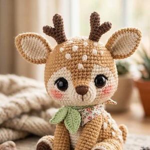 Peut inclure: Un cerf au crochet fait à la main avec de grands yeux noirs, des joues roses et une écharpe fleurie. Le cerf a des bois bruns et est fait avec du fil beige et blanc. Un jouet charmant et doux pour les enfants ou comme objet de décoration.
