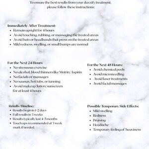 May include: A white document with black text titled "DAXXIFY AFTERCARE INSTRUCTIONS". The document provides aftercare instructions, including what to avoid immediately after treatment and in the following days. It also lists possible side effects.